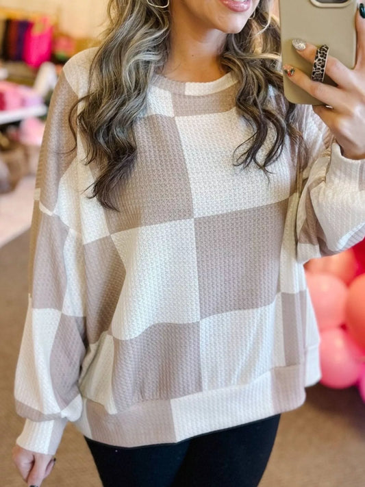 Checkered Breathable Textured Long Sleeve Top Mocha