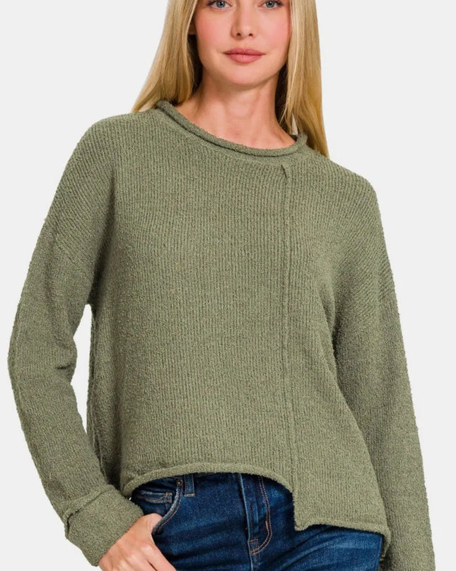 Zenana Asymmetric Hem Drop Shoulder Sweater Lt Olive