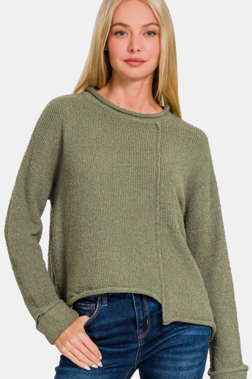 Zenana Asymmetric Hem Drop Shoulder Sweater Lt Olive