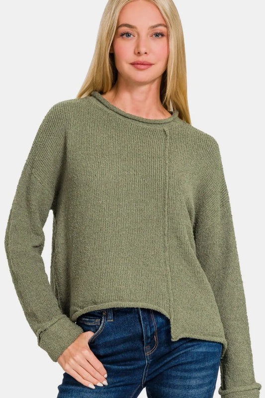 Zenana Asymmetric Hem Drop Shoulder Sweater Lt Olive