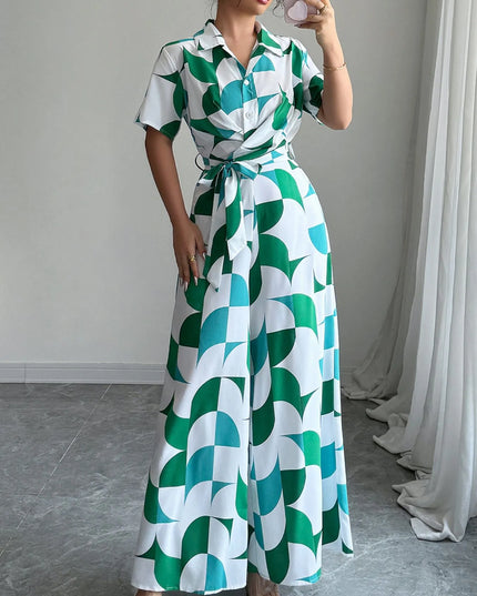 Printed Wide Leg Belted Jumpsuit