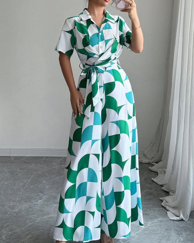 Printed Wide Leg Belted Jumpsuit