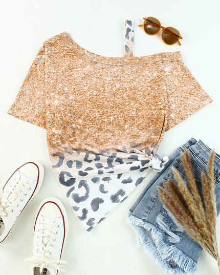 Leopard Asymmetrical Neck Cold-Shoulder Blouse