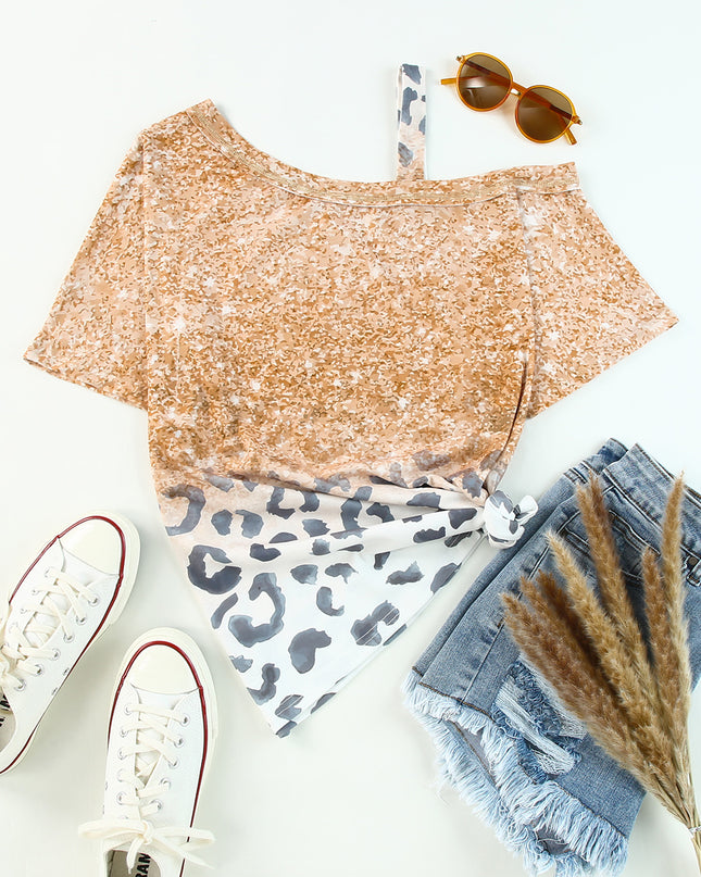 Leopard Asymmetrical Neck Cold-Shoulder Blouse