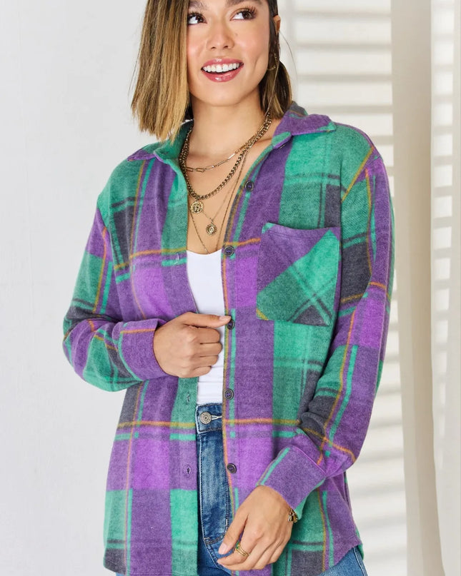 Zenana Plaid Button Up Long Sleeve Shacket Green Purple