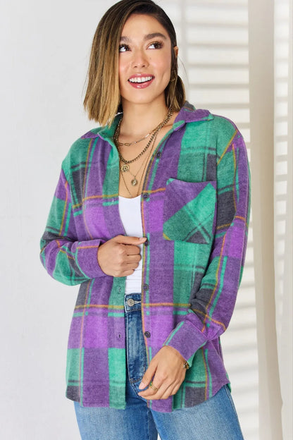 Zenana Plaid Button Up Long Sleeve Shacket Green Purple