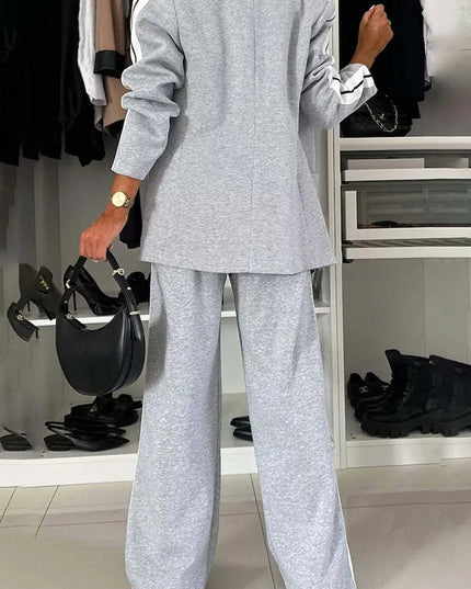 Full Size Contrast Lapel Collar Top and Pants Set