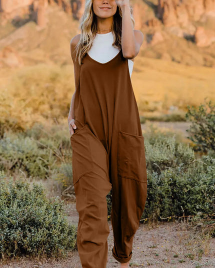 Double Take Full Size V-Neck Sleeveless Jumpsuit with Pockets Brown