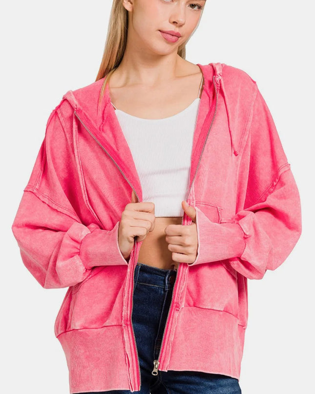 Zenana Acid Washed French Terry Zip-Up Hoodie with Pockets Fuchsia