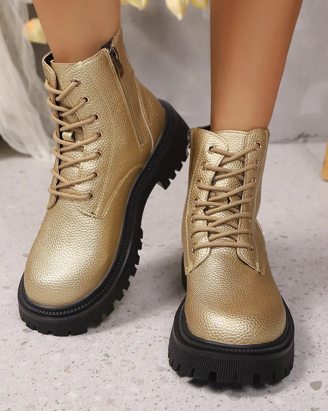 Lace Up Platform Boots Gold