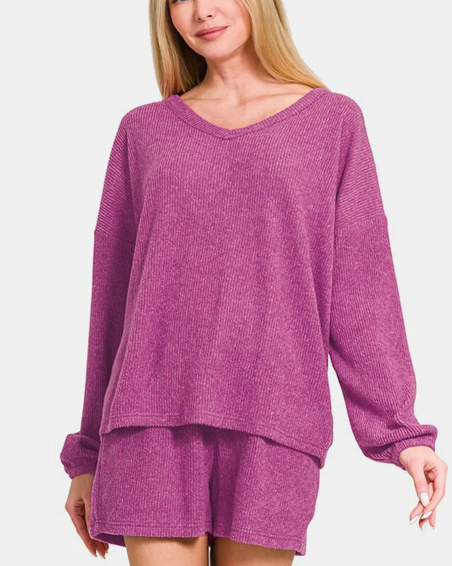 Zenana V-Neck Long Sleeve Ribbed Top and Shorts Set Red-Violet