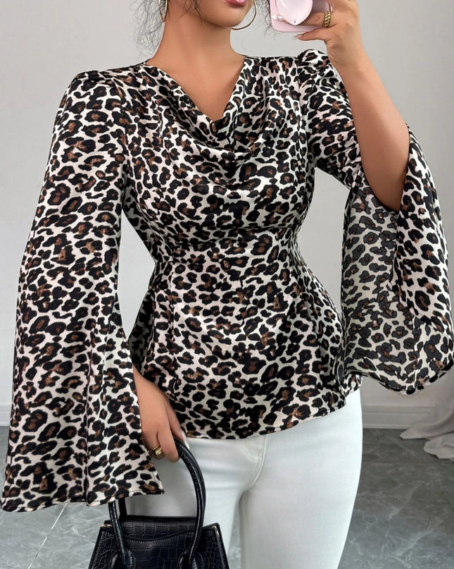 Leopard Print Slit Sleeve Blouse