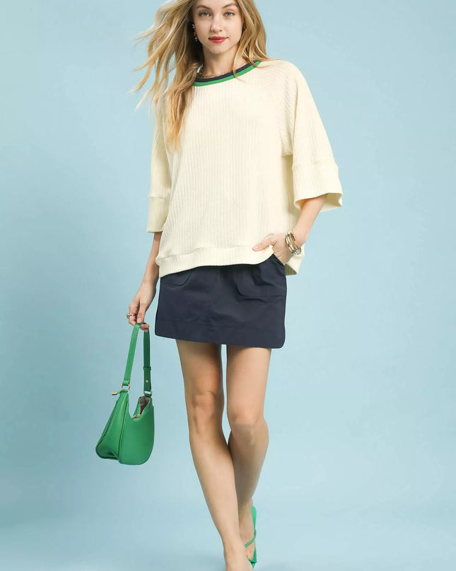 Umgee Ribbed Knit Top with Contrast Trim
