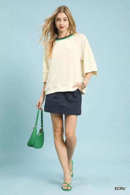 Umgee Ribbed Knit Top with Contrast Trim