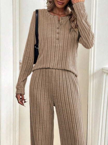 Button Detail Long Sleeve Top and Pants Set