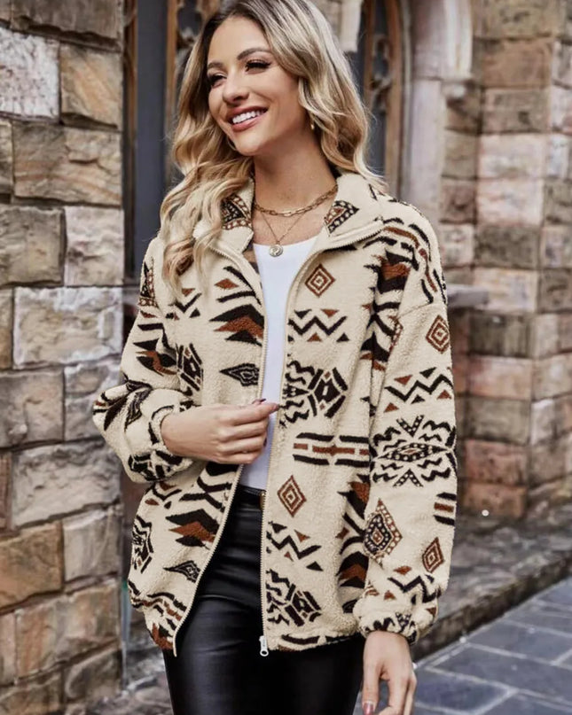 Geometric Zip Up Long Sleeve Outerwear