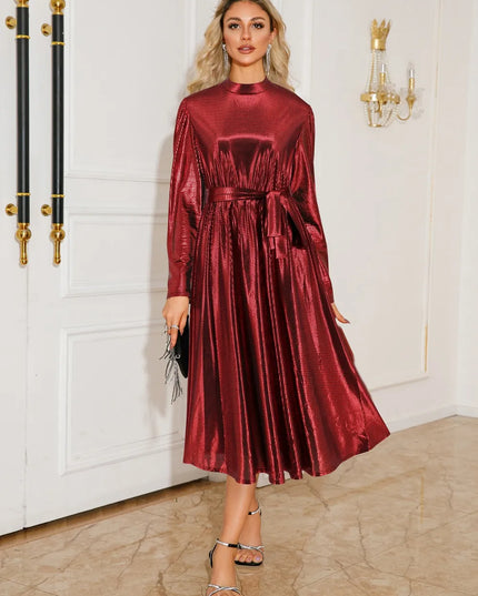 Tie Waist Long Sleeve Midi Dress Burgundy