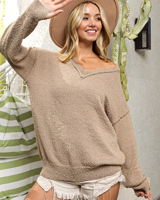 BiBi Raw Edged Popcorn Texture V-neck Sweater