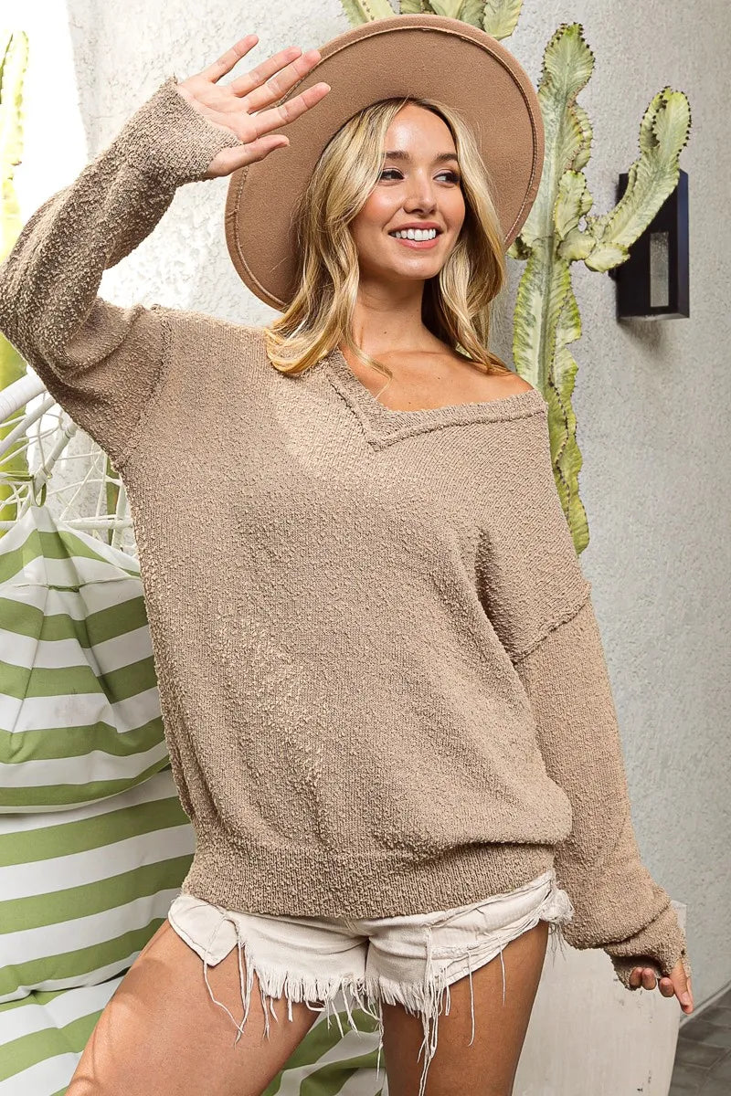 BiBi Raw Edged Popcorn Texture V-neck Sweater