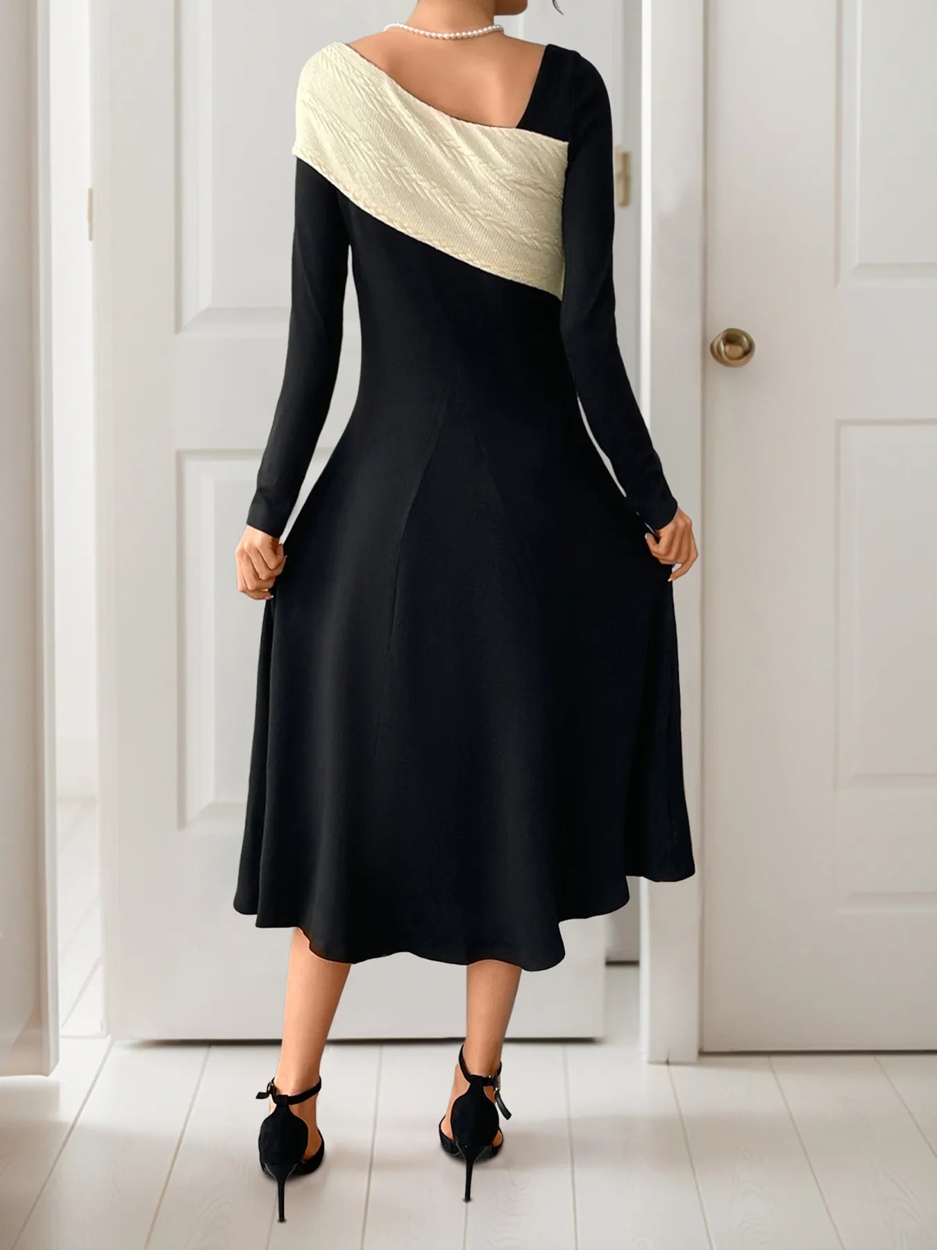 Asymmetrical Contrast Long Sleeve Dress