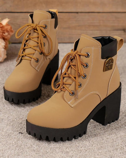 Lace Up Block Heel Boots Tan