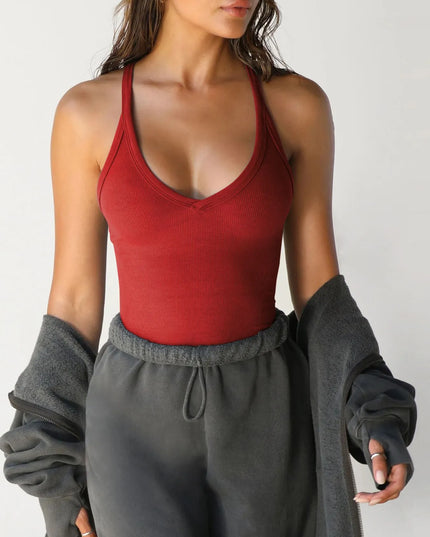 Ribbed V-Neck Halter Tank Top 