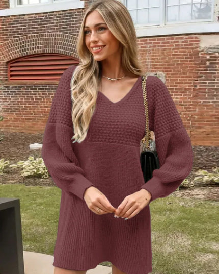 Perfee V-Neck Long Sleeve Sweater Dress