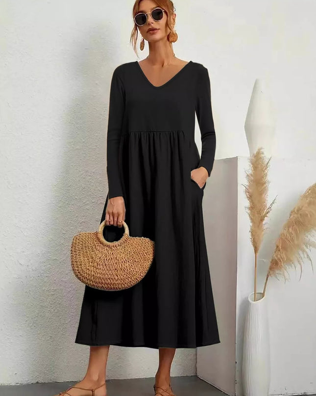 V-Neck Long Sleeve Midi Dress Black