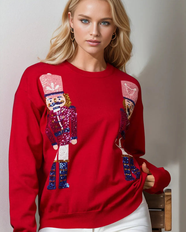 Double Take Full Size Nutcracker Sequin Long Sleeve Sweater Red