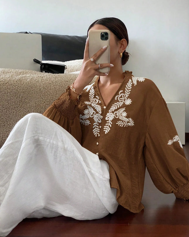 Embroidered Lantern Sleeve Blouse