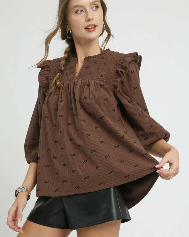 Umgee Bow Print Corduroy Puff Sleeve Blouse with Ruffled Brown