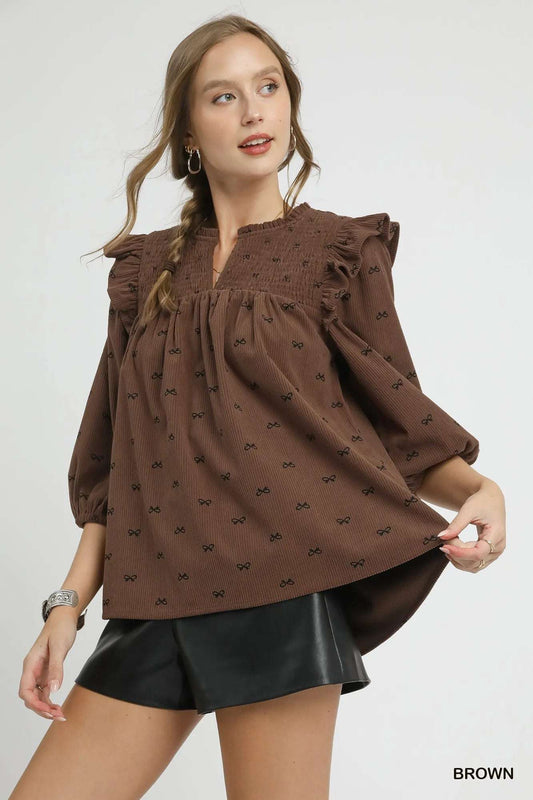 Umgee Bow Print Corduroy Puff Sleeve Blouse with Ruffled Brown