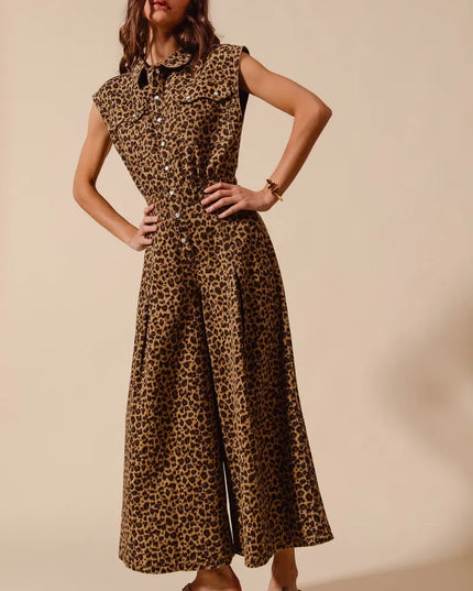 SO ME Wide Leg Leopard Twill Overalls Jumpsuit with Tuck