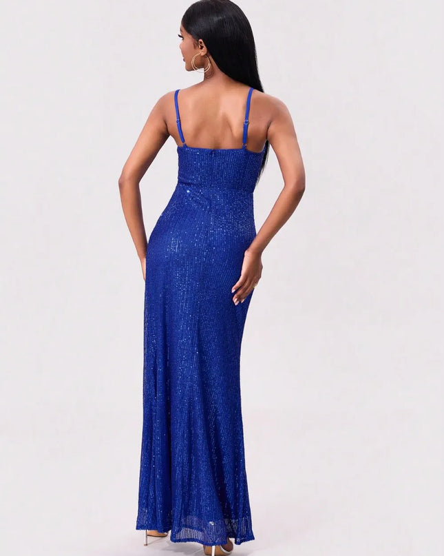 Slit Sequin Square Neck Spaghetti Strap Dress 