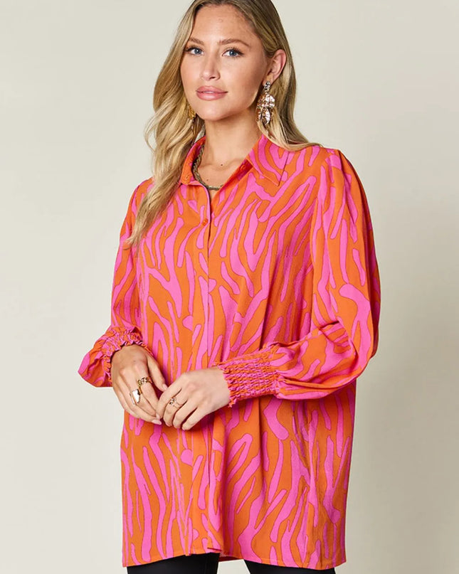 Double Take Full Size Printed Smocked Long Sleeve Blouse Plus Size