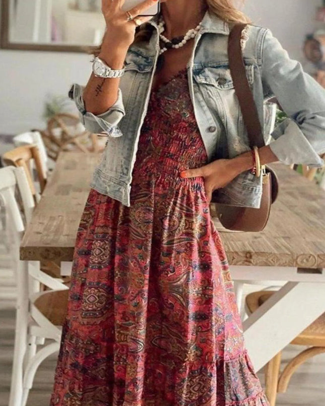 Full Size Paisley Print Cap Sleeve Maxi Dress Plus Size