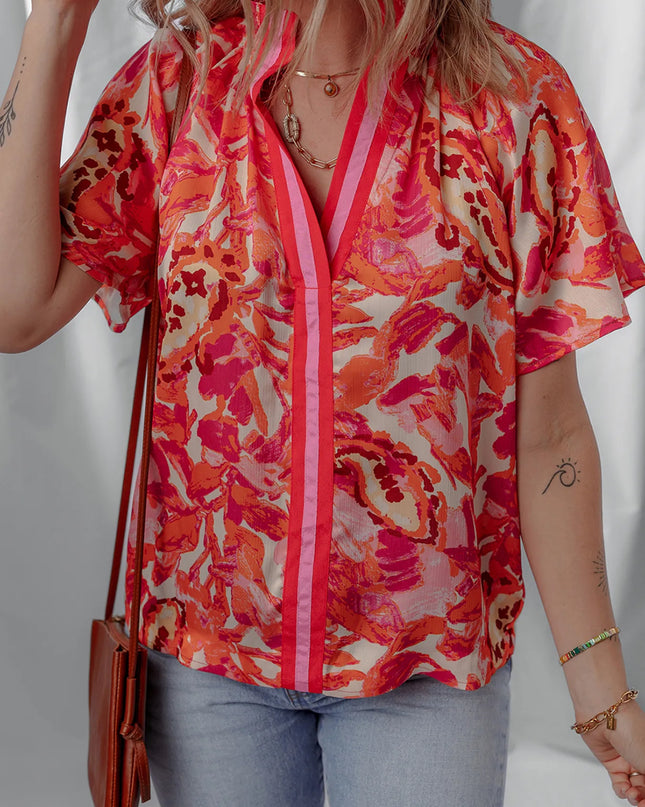 Abstract Print Striped Trim Split Neck Blouse