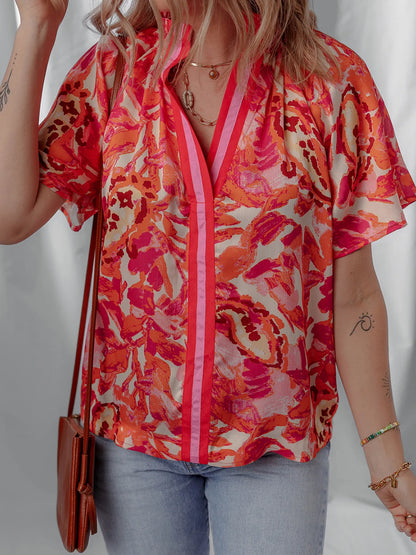 Abstract Print Striped Trim Split Neck Blouse