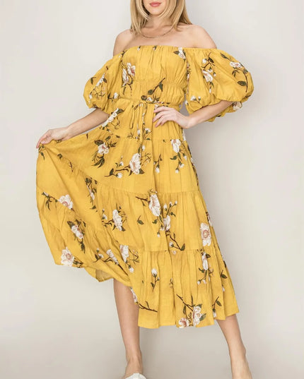 HYFVE Floral Puff Sleeve Tiered Dress MUSTARD