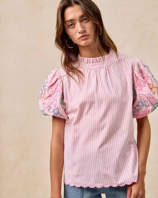 BiBi Embroidery Bubble Sleeve Top With Bottom Scallop Detail