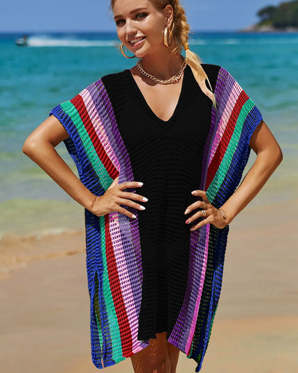Angel Wings Openwork Striped Slit Knit Cover Up
