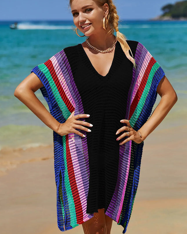Angel Wings Openwork Striped Slit Knit Cover Up