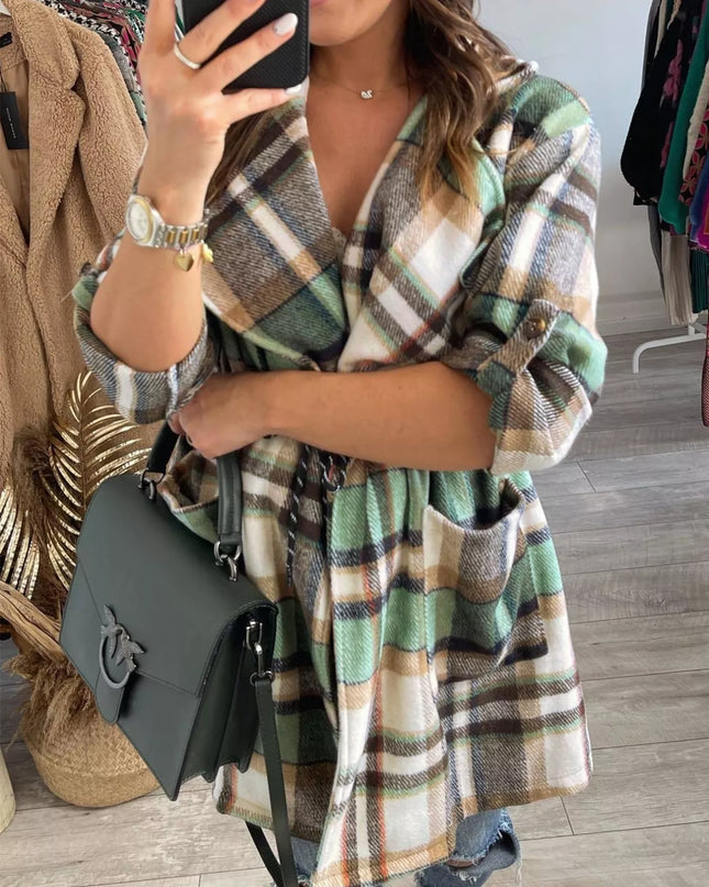 Oversized Drawstring Plaid Button Front Shirt