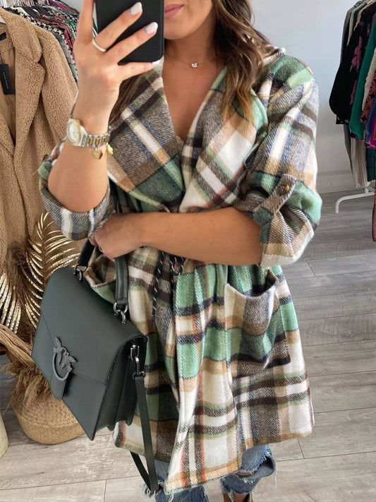 Oversized Drawstring Plaid Button Front Shirt