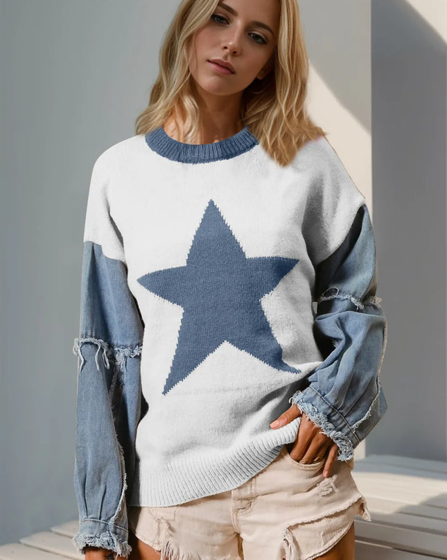 Double Take Full Size Star Pattern Raw Edge Long Sleeve Sweater White