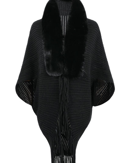 Fringe Detail Long Sleeve Ribbed Poncho Black One Size