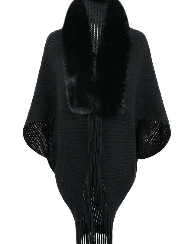 Fringe Detail Long Sleeve Ribbed Poncho Black One Size