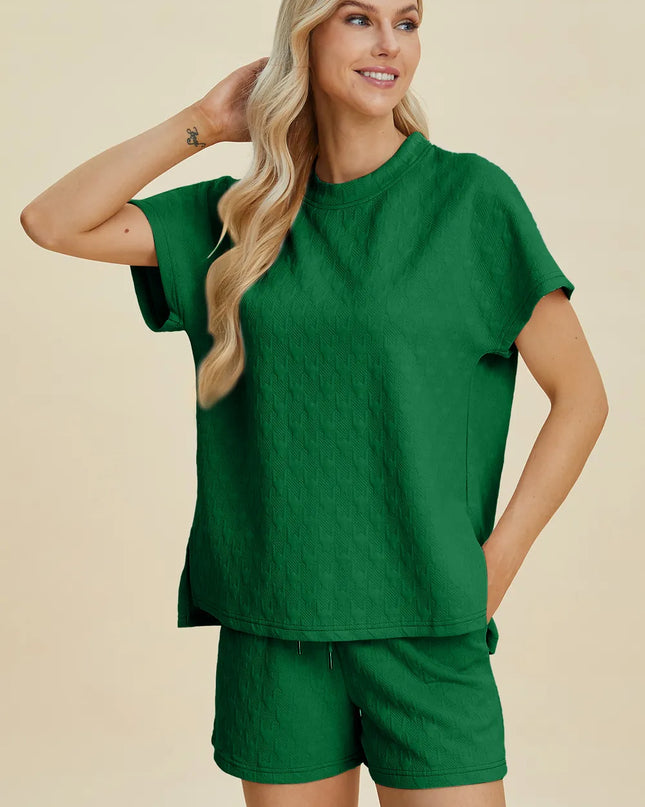 Double Take Full Size Texture Round Neck Short Sleeve Top and Shorts Set