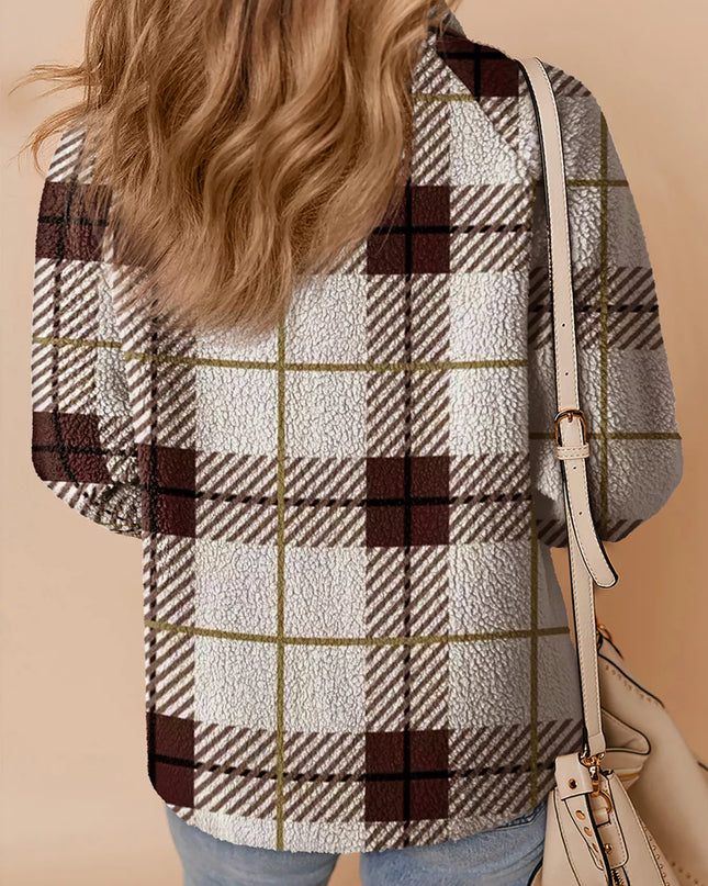 Plaid Buttoned Stand Collar Fleece Jacket