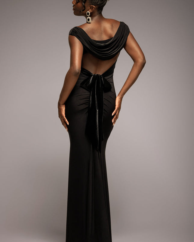 Open Back Cowl Neck Gathered Maxi Dress With Velvet Tie Back - Black by Goddiva
